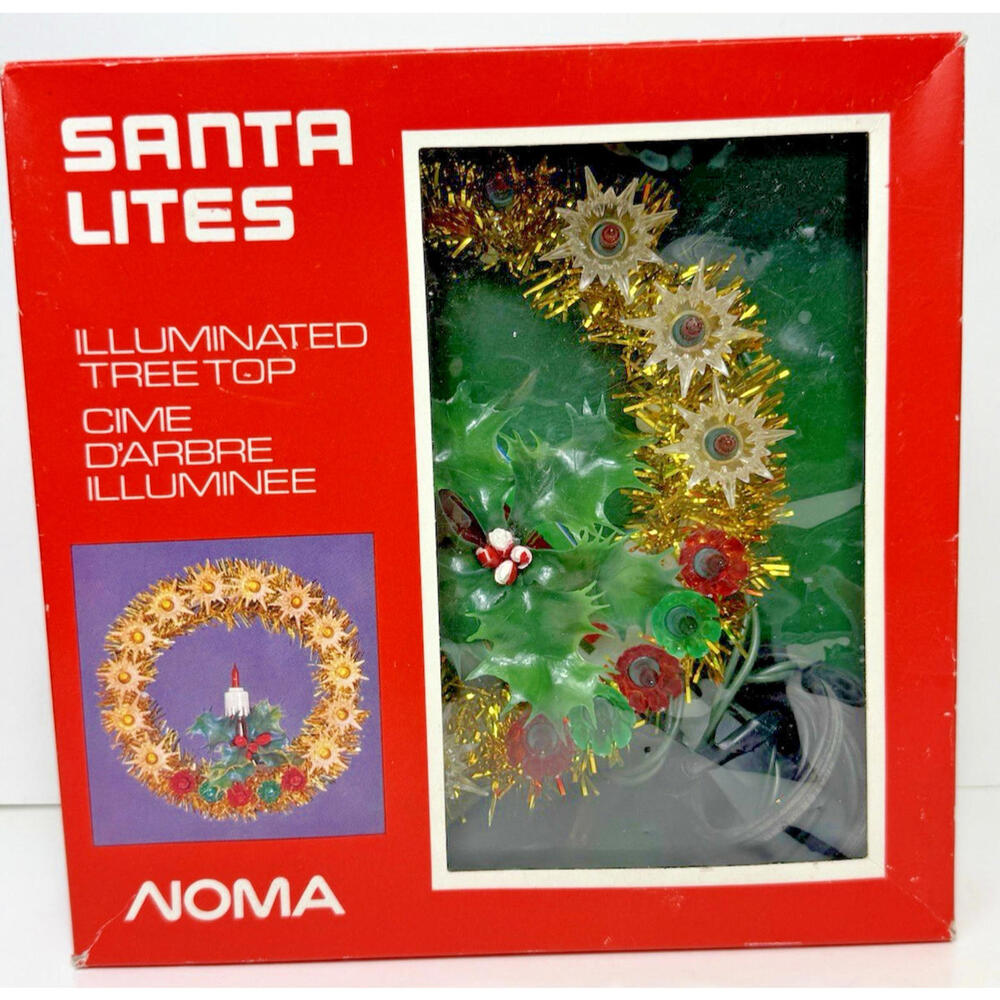 Vtg 18 Lights Christmas Tree Topper Gold Tinsel Holly Santa Lites Noma Berries
